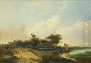 Landschap Aan Een Rivier Met Figuren Landschap Aan Een Rivier Met Figuren