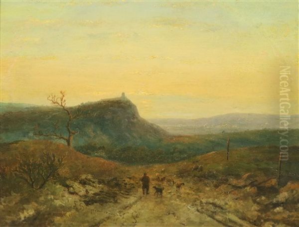 Herder In Heuvellandschap Bij Ondergaande Zon - view 1