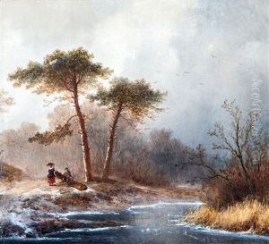A Winter Landscape With Wood Gatherer And A Hunter by Johannes Franciscus Hoppenbrouwers
