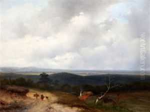 Vrouw Met Ezel Op Een Zandweg In Een Glooiend Landschap by Johannes Franciscus Hoppenbrouwers