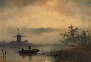 Flussfischer Bei Mondaufgang by Johannes Franciscus Hoppenbrouwers