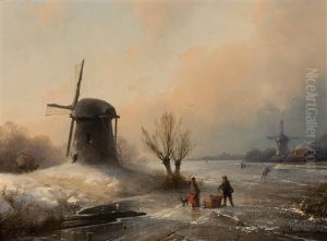 The Private Chat On The Ice By The Mill by Johannes Franciscus Hoppenbrouwers