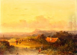Landschap Met Schaapkudde Bij Ondergaande Zon Landschap Met Schaapkudde Bij Ondergaande Zon
