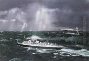 The Italian Liner Rex Under The Surveillance Of Two B-17's by John Stewart Barney