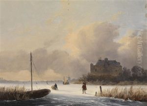 Eislaufer In Einer Hollandischen Winterlandschaft by Johannes Franciscus Hoppenbrouwers