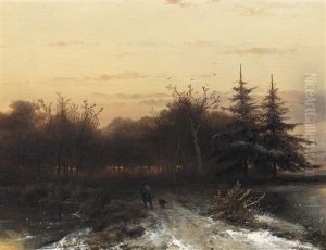 Heimkehr Nach Der Jagd. Ein Forstmann Mit Hund Vor Dichtem Hain Im Abendrot