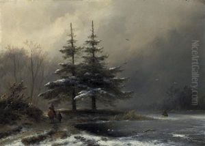 Winterabend. Heimkehrende Reisigsammler Am Ufer Eines Zugefrorenen Sees