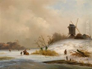 Figures In A Winter Landscape, A Koek En Zopie In The Distance by Johannes Franciscus Hoppenbrouwers