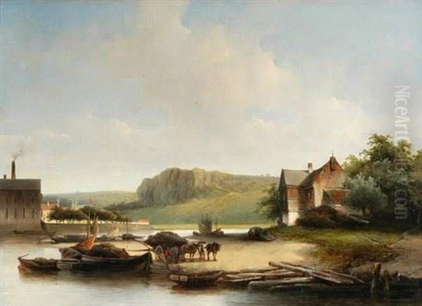 Flusslandschaft Mit Frachtbooten Und Pferdefuhrwerk - view 1
