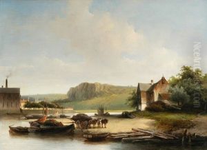 Flusslandschaft Mit Frachtbooten Und Pferdefuhrwerk Flusslandschaft Mit Frachtbooten Und Pferdefuhrwerk