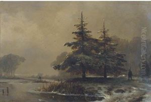 Trees In A Winter Landscape by Johannes Franciscus Hoppenbrouwers