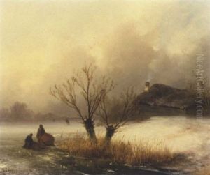 A Winter Landscape With Figures On A Frozen Waterway by Johannes Franciscus Hoppenbrouwers