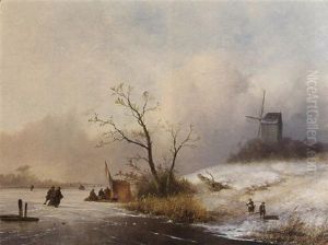 A Winter Landscape With Skaters Near A Koek En Zopie by Johannes Franciscus Hoppenbrouwers