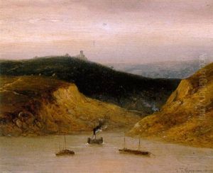 Rijngezicht Met Stoomschepen by Johannes Franciscus Hoppenbrouwers