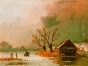 A Frozen Waterway With A Skater by Johannes Franciscus Hoppenbrouwers