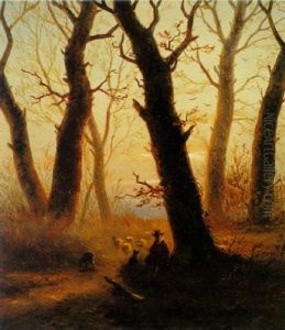 A Shepherd With His Flock At Dusk by Johannes Franciscus Hoppenbrouwers