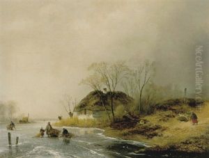 Hus Aan De Oever Van Een Bevroren Rivier by Johannes Franciscus Hoppenbrouwers
