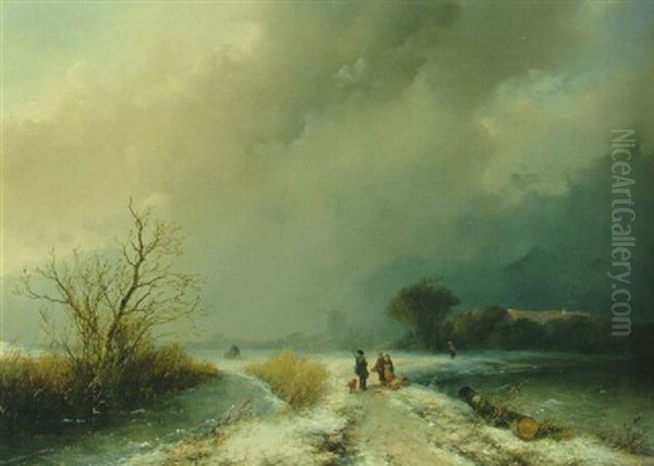 A Sportsman And Woodgatherers On A Snowy Track In A Winter Landscape - view 1