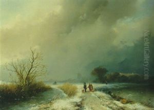 A Sportsman And Woodgatherers On A Snowy Track In A Winter Landscape
