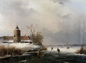 A Frozen Winter Landscape With Skaters by Johannes Franciscus Hoppenbrouwers