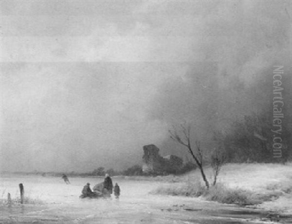 Winter Landscape With Figures On A Frozen Waterway Near A Ruin - view 1