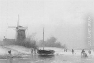 Ijsgezicht Met Links Een Molen by Johannes Franciscus Hoppenbrouwers
