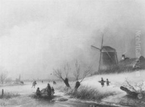 Ijsgezicht Met Schaatsers En Rechts Een Molen