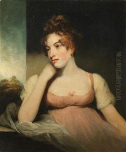 Portrait Of A Lady, Half-length, In A Pink Dress, Seated Before A Window by Sir John Hoppner