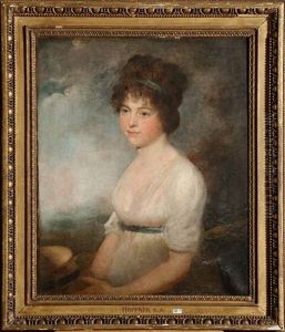 Portrait D'une Dame De Qualite Tenant Un Chapeau De Paille Sur Fond De Paysage by Sir John Hoppner