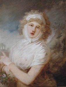 Portrait Of A Lady, Three-quarter-length, In A Cream And White Dress, A Basket Of Flowers On Her Left Arm by Sir John Hoppner