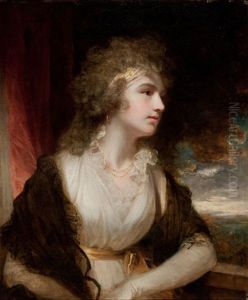 Portrait Of A Lady At Half-length In A Light Dress With A Lace Collar Resting Her Arm On A Balcony (mrs. Charles Greeley?) by Sir John Hoppner