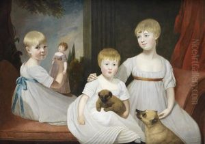 Portrait Of Three Children, Seated Before A Landscape, One Holding A Doll And The Others With Puppies
