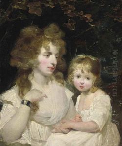 Portrait Of A Mother And Child, Half-length, In White Dresses, In A Landscape by Sir John Hoppner