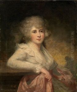 Portrait Of A Lady (lady Macauliffe?), In A Light Dress Holding A Pink Wrap, Her Right Arm Resting On A Stone Ledge by Sir John Hoppner