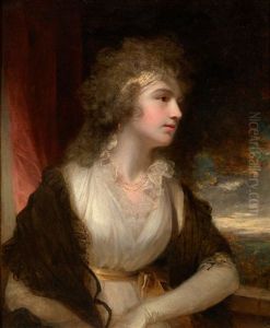 Portrait Of A Lady, In A Light Dress With A Lace Collar Resting Her Arm On A Balcony