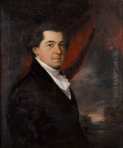 Portrait Of Zachary Bayly Edwards In A Brown Coat And A White Cravat, Seated Before A Red Curtain, A Landscape In The Distance