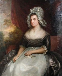 Portrait Of A Lady (mrs Briggs?), In A Black Dress With A White Shawl And A White Lace Cap, Seated Before A Red Curtain, A View To A Landscape Beyond