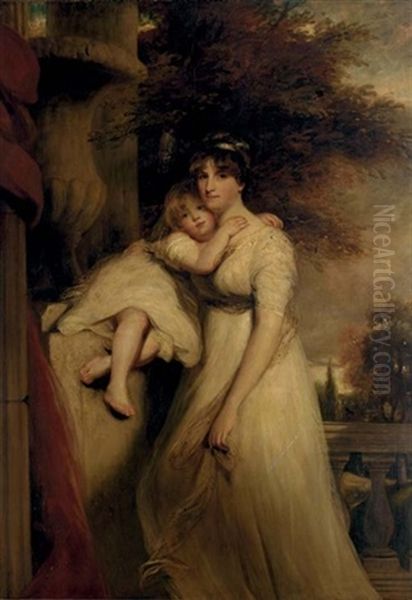 Portrait Of Lady Mildmay, In A White Dress, With Her Child, A Landscape Beyond - view 1