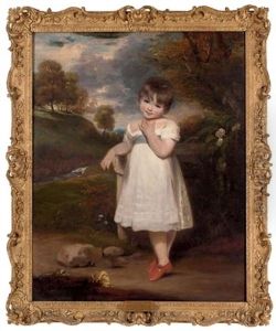 Portrait Of Emma Laura Whitbread In A White Dress With A Blue Sash And A Coral Necklace, In A Wooded Landscape