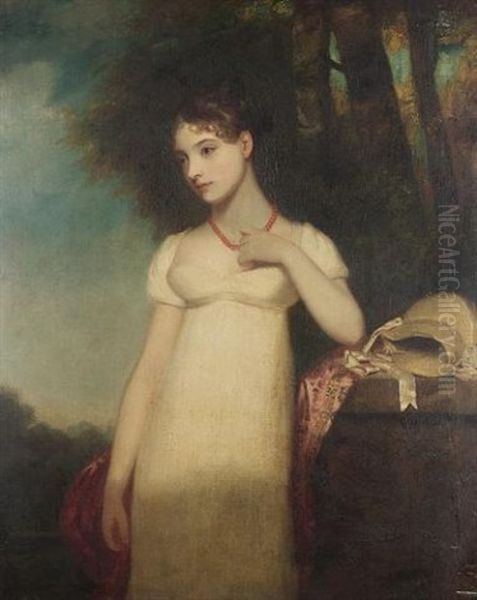 Portrait Of A Young Woman, Standing Three-quarter-length, In A White Muslin Dress And A Coral Necklace, Her Bonnet And Shawl On A Stone Plinth Beside Her - view 1