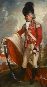 Portrait Of An Officer Of The Queen's Dragoon Guards, Standing-full-length, Holding A Sword, A Horse And Groom In A Landscape Beyond