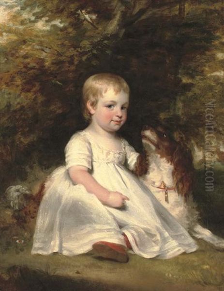 Portrait Of A Young Boy, Full-length, In A White Dress And Red Shoes, With A Spaniel In A Landscape - view 1
