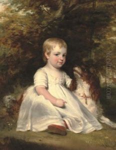 Portrait Of A Young Boy, Full-length, In A White Dress And Red Shoes, With A Spaniel In A Landscape