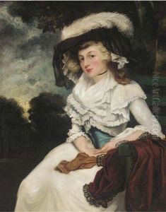 Portrait Of A Lady, Seated Three-quarter-length, In A White Dress With A Blue Sash, And A Feathered Hat, In A Landscape by Sir John Hoppner