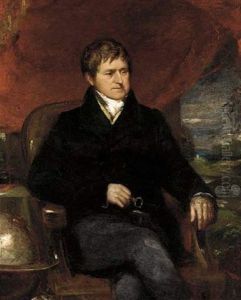 Portrait Of Granville John Penn Seated Before A Draped Red Curtain, A River Landscape Beyond by Sir John Hoppner