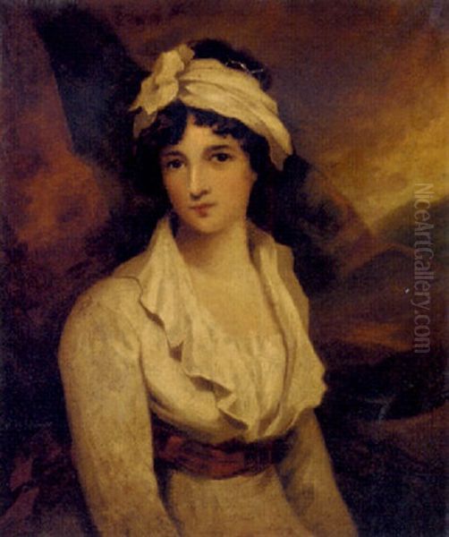 Portrait Of A Young Lady, Seated Three-quarter-length, In A White Dress With A Red Sash In A Landscape - view 1