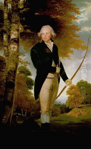 Portrait Of Sir Foster Cunliffe, 3rd Bt Of Acton Park, Denbigh, Standing In A Landscpe, Holding A Bow And Arrow, Wearing A Green Coat And Buff Breeches - view 1