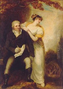 Portrait Of A Gentleman (philippe-jacques De Loutherbourg, R.a.?) Holding A Crayon And Papers With His Wife In A Landscape by Sir John Hoppner