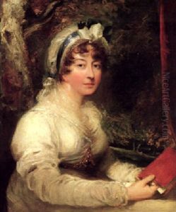 Portrait Of Lady Cunningham Wearing A White Gown And Bonnet With Blue Bow, In A Landscape