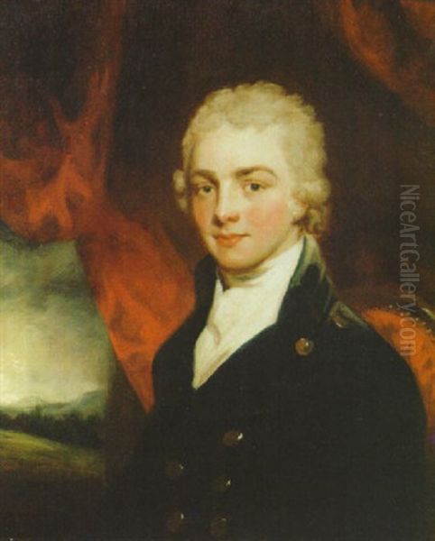 Portrait Of Gentleman, Seated Before A Red Curtain, A Landscape Beyond - view 1